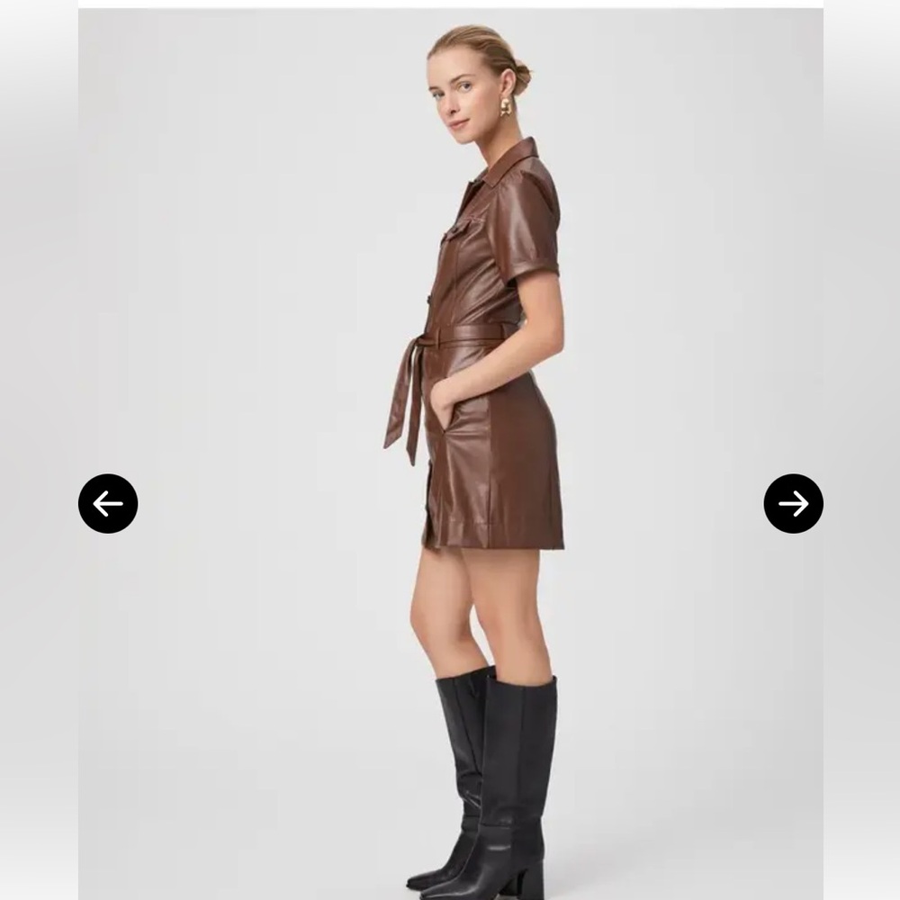 PAIGE Amina Brown Vegan-Leather Short Dress with belt - Size Sm - Picture 2 of 10